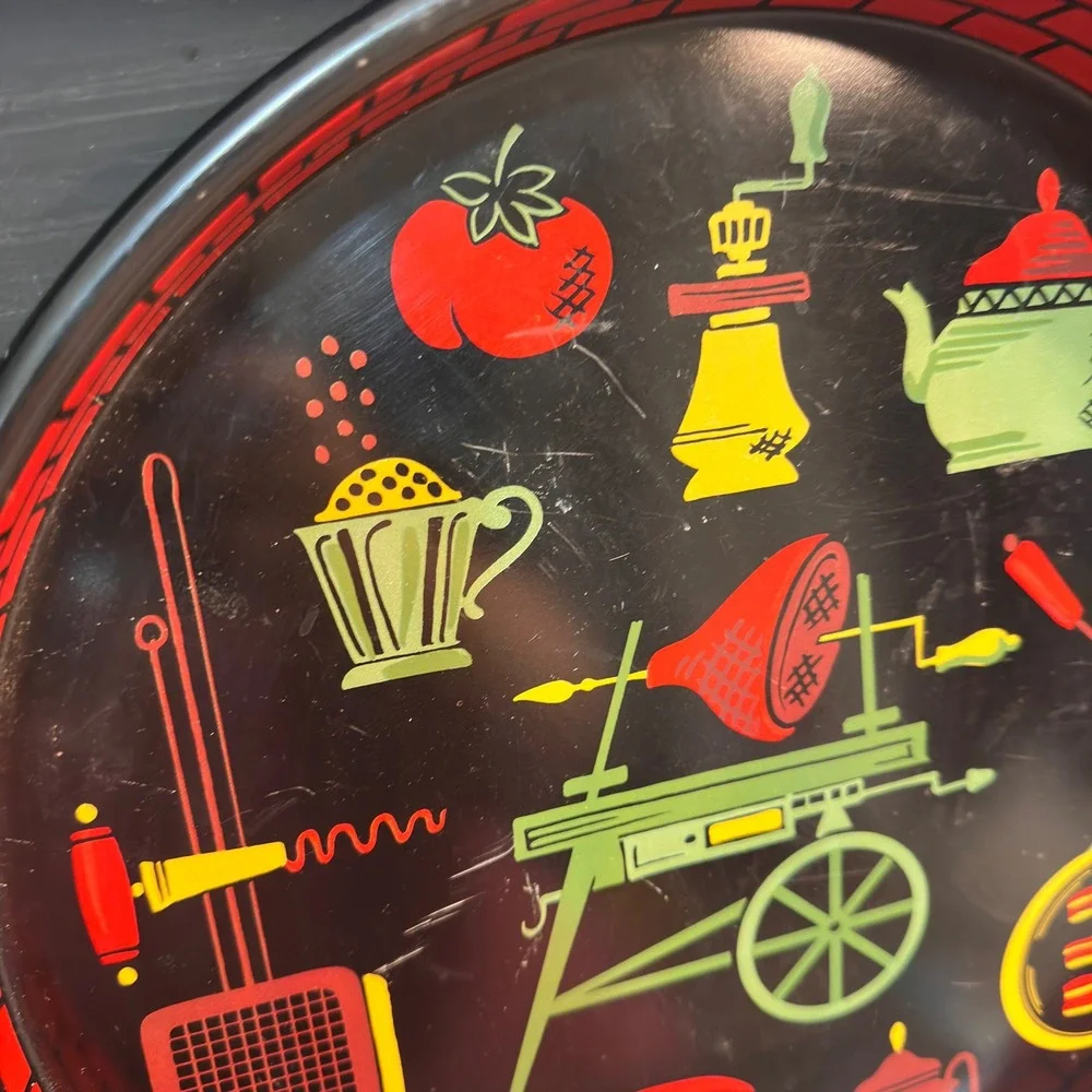 Vintage Tin Litho Tray MCM 1950s BBQ Cookout Lobster Kitsch Black Red Metal 13in